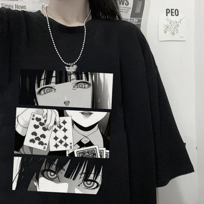 Harajuku feminino camiseta de grandes dimensões, mangas curtas, tops casuais, camisetas gráficas, anime, kakegurui, streetwear, Y2K