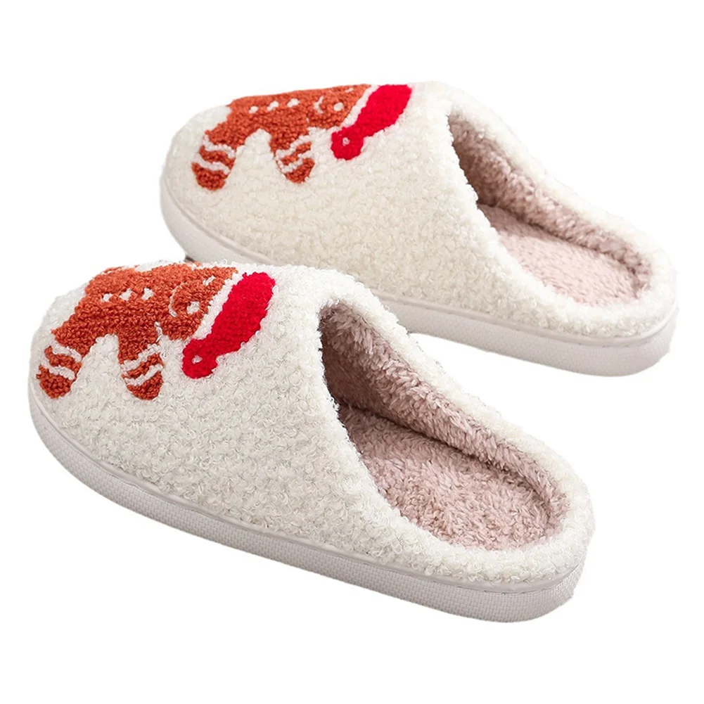 Gingerbread Man Fluffy Fur Slippers Flat Plush Closed Toe Slippers Soft Plush Slip-on House Shoes Cartoon Household Supplies