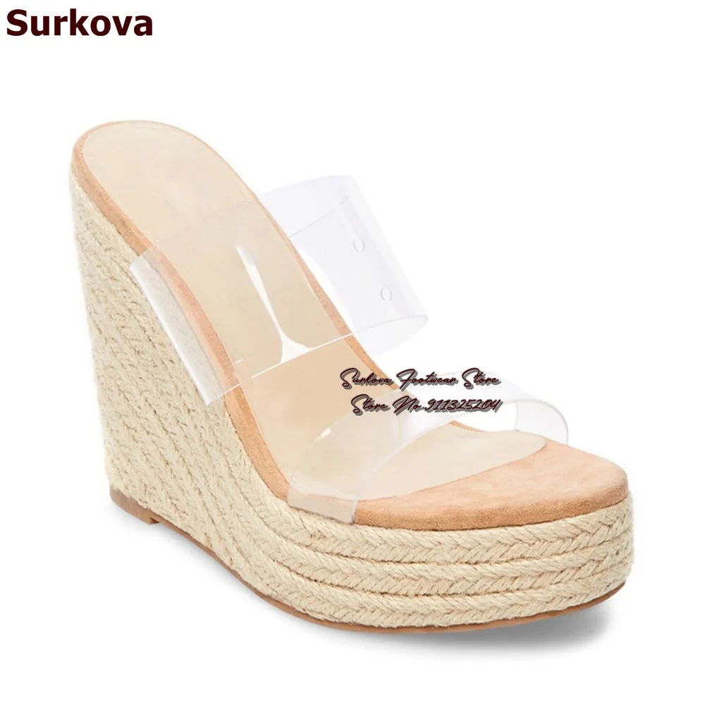 

Surkova Beige Rope Braided Wedged Heel Modern Slippers Plaited Platform Transparent Clear PVC Straps Sandals Slip-On Dress Shoes