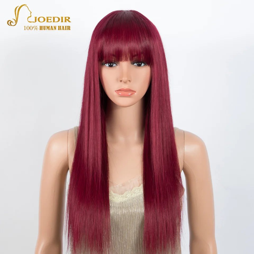 Burgury Red Staright Wigs With Bangs Human Hair Wig Easy to Go Color Wig Peruvian Straight Human Hair Wigs with Bangs QVR Hair