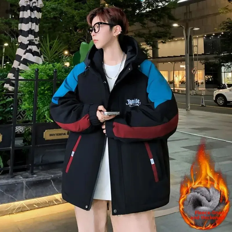 

Men's Autumn Winter Thiened Fce Warm Casual Hooded Jaet Versatile Sli Loose Coat Long Sle for Teenagers And Stud...