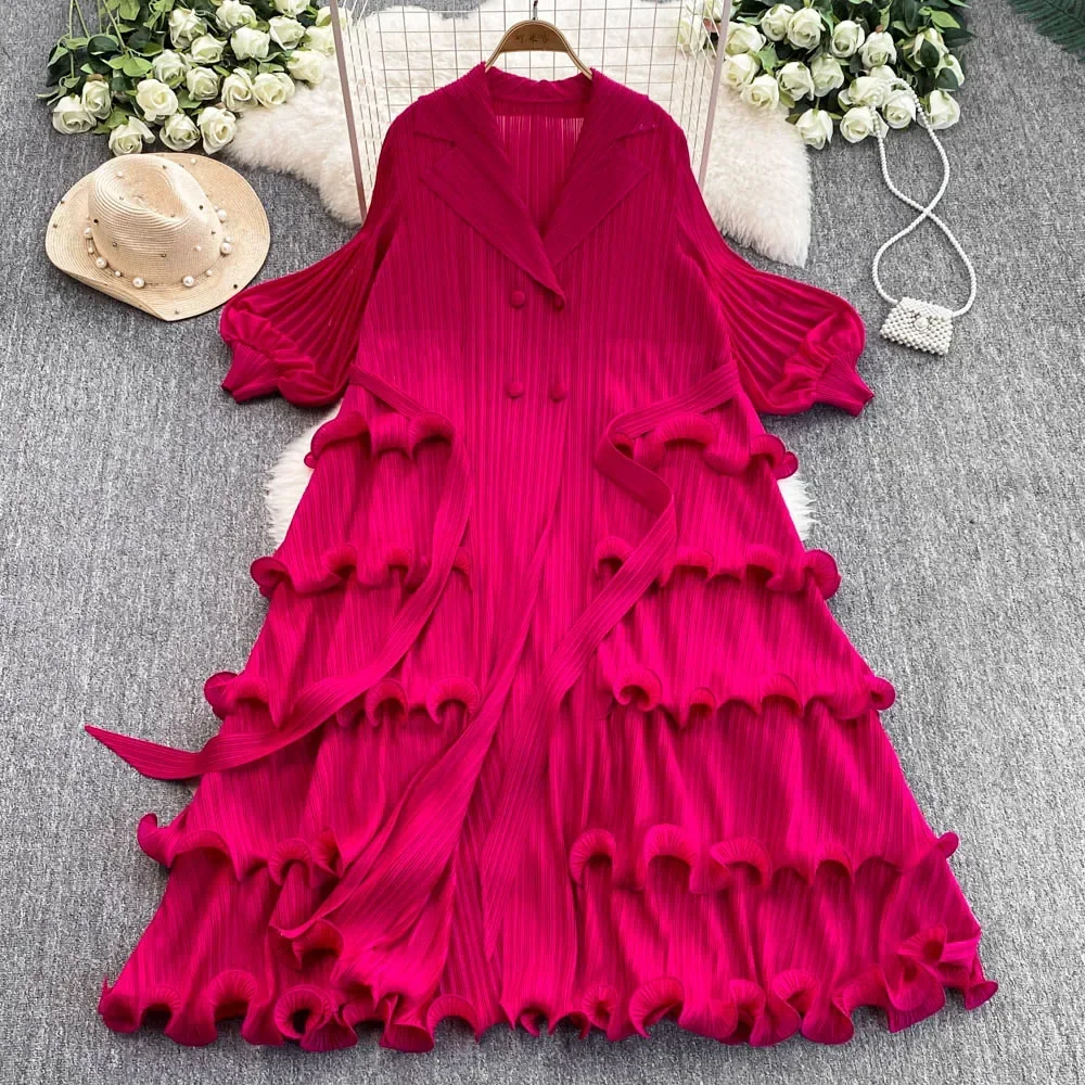 Elegant Long Sleeves Vintage Notched Neck Chic Bandage Fashion A-line Slim Ruffle Cake Dress Evening High Street Autumn Clothing