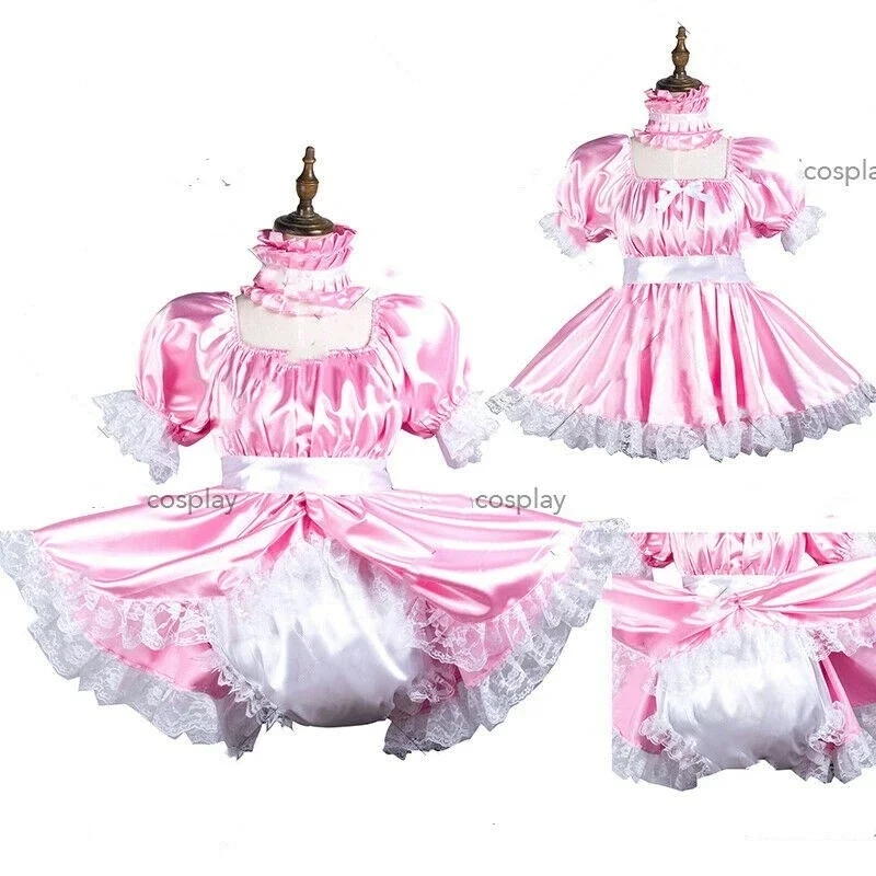

Sexy Sissy French maid pink satin lockable lace multi-layer ruffle edge dress cosplay costume customizable