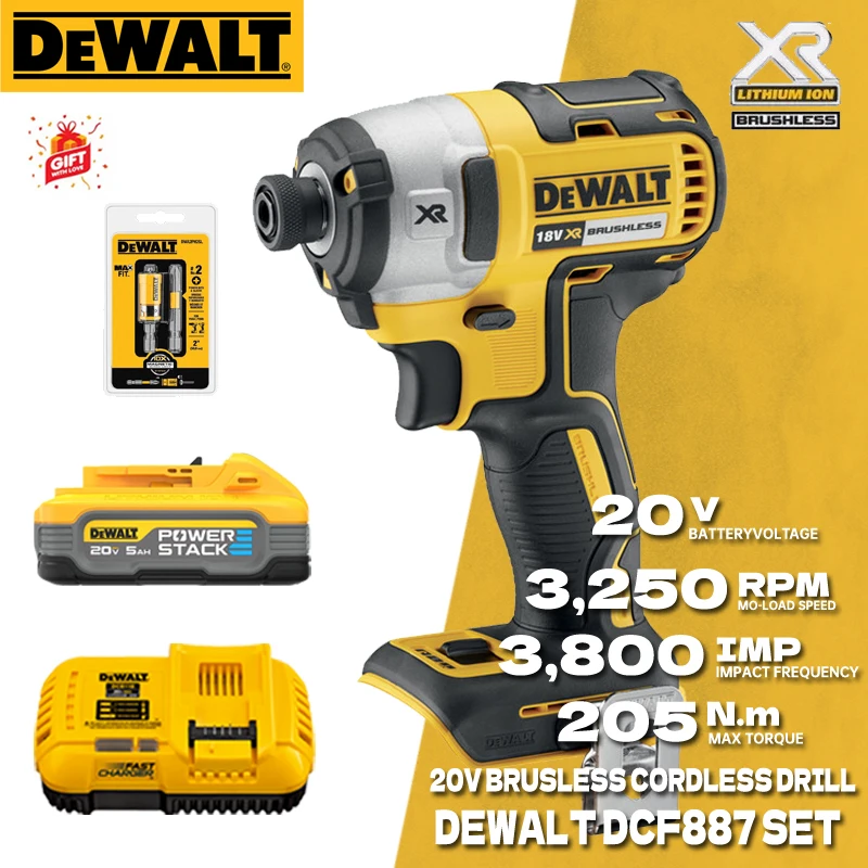 DEWALT DCF887 Cordless Compact Driver Brushless Motor 3-Speed 20V Lithium Battery DCBP520 DCBP034 Set Impact Drill Power Tools