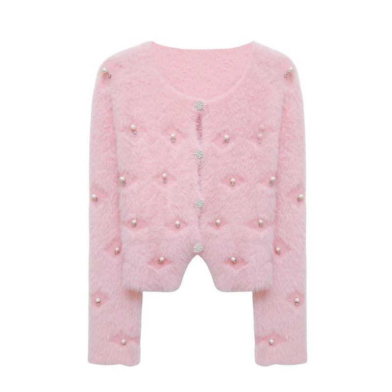 Pink Peals Diamonds Beading Mink Cashmere Sweater Jackets Women\'s Autumn Winter Sweet Long Sleeve Knitted Cropped Cardigan Coat