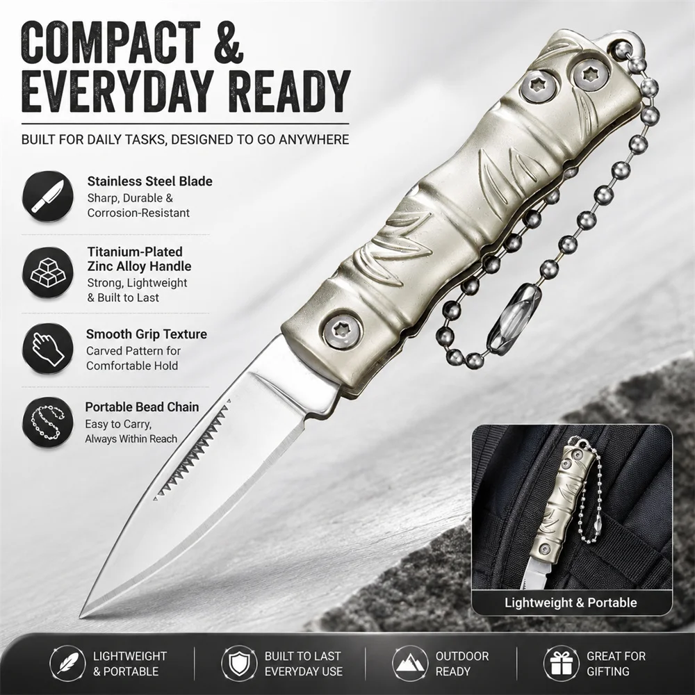 NEW Small Folding Knife Pocket Knife Stainless Steel Blade Titanium-plated Zinc Alloy Handle, Mini EDC Camping Knife
