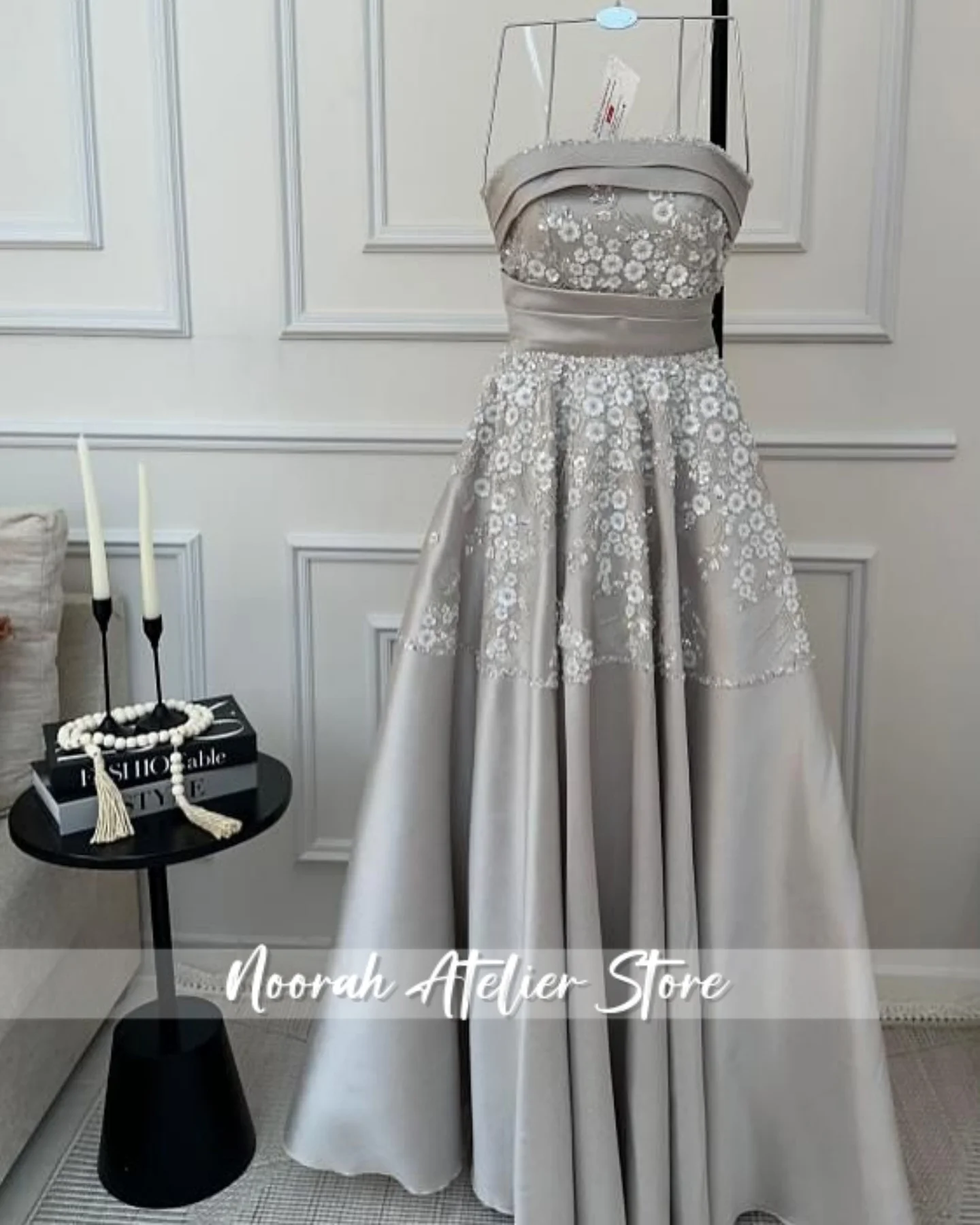 그레이 얼룩 Strapless Aline 럭셔리 여성 이브닝 드레스 2025 여성 두바이 스팽글 꽃 긴 파티 가운 Vestidos 맞춤형