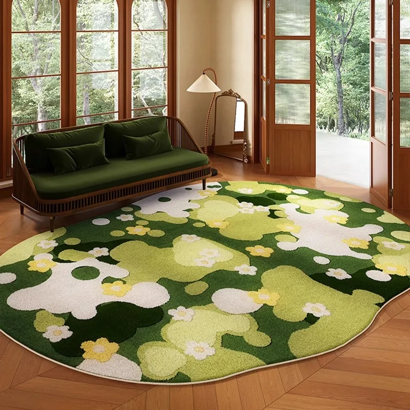 Green Living Room Rug Irregular Short Velvet Non-slip Floor Mat Bedroom Bedside Carpet Floral Retro Home Decor Teppich Alfombra