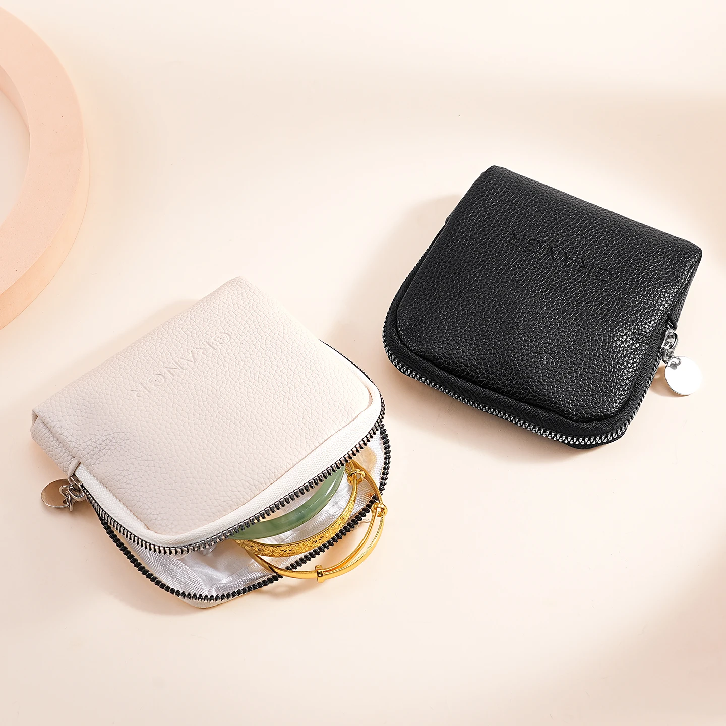 Portable Pebble Leather Jewelry Organizer Multi-Compartment Zipper Case Travel Accessory Storage Bag