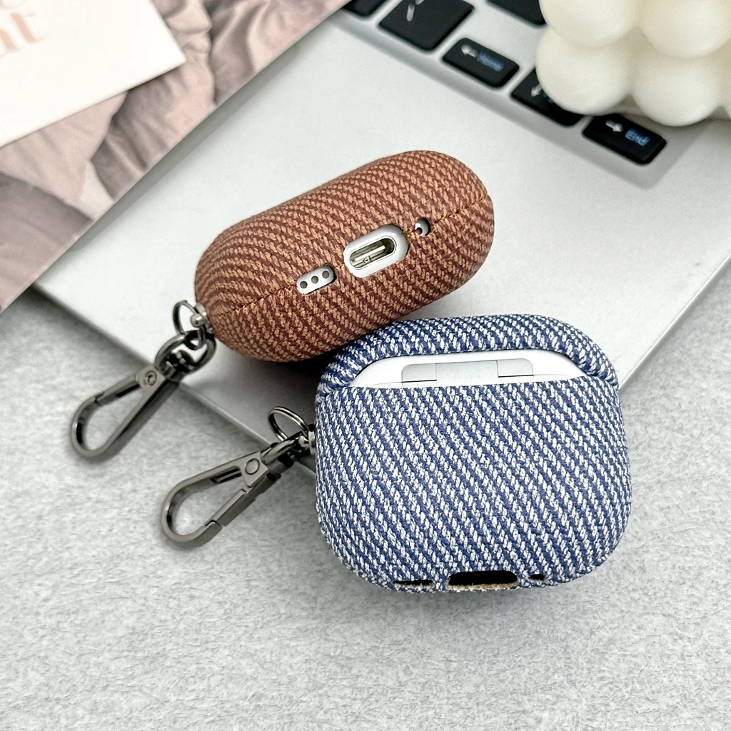 Fresh Simple Oblique Stripe Texture Faux Leather With Hook Protective Earphone Cover Case for AirPods 1 or 2 3 4 5 Pro 2 Pro 3 - view 3