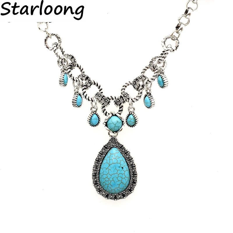 

Vintage Jewelry alloy water drop green howlite stone pendant link chain necklace women and men jewelry gift