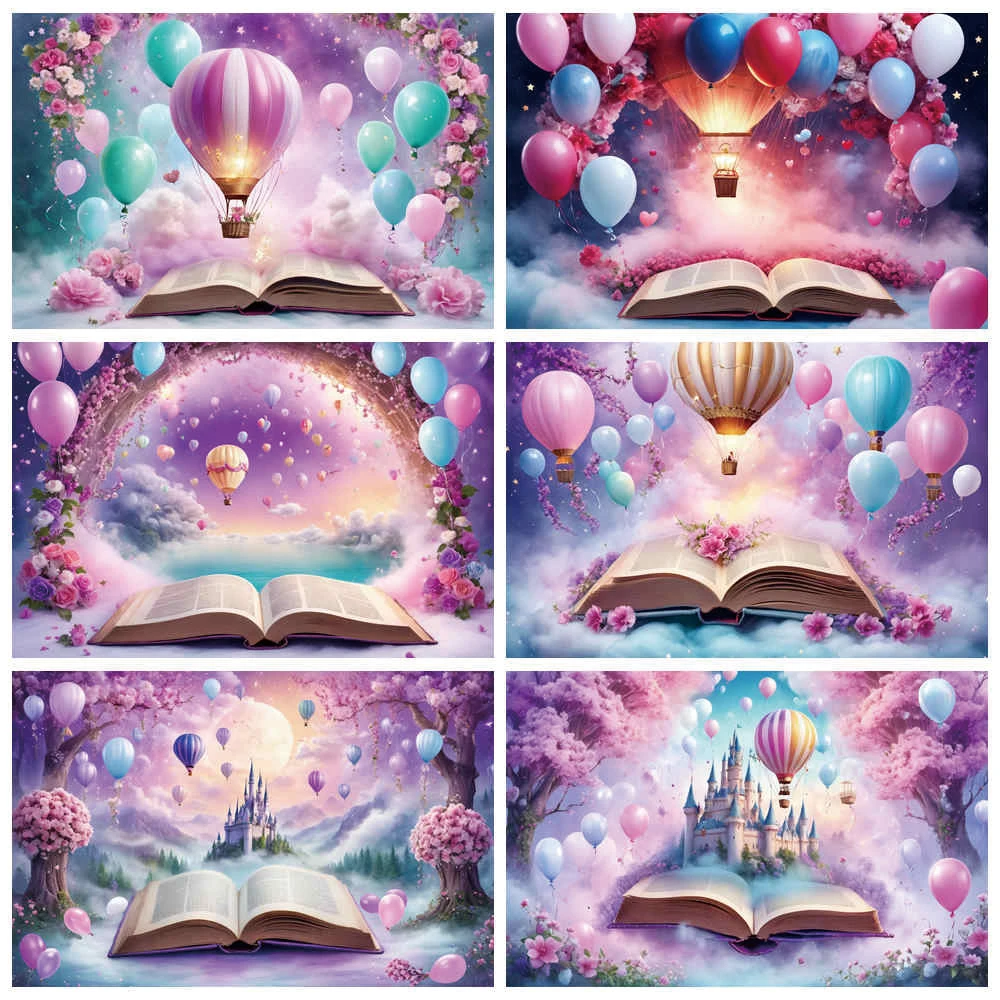 

MOON.QG Fairy Princess Birthday Party Backdrops Hot Air Balloon Flower Studio Background for Photo Shoot Custom Photozone Props