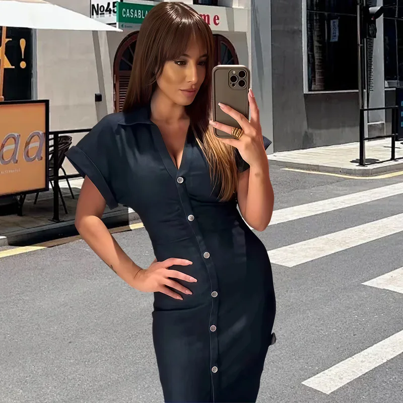 

women clothes 2026 New Arrival Women Fashion Denim Dress Elegant Slim Fit Patchwork Tie Waist Casual Party Streetwear Midi Dress