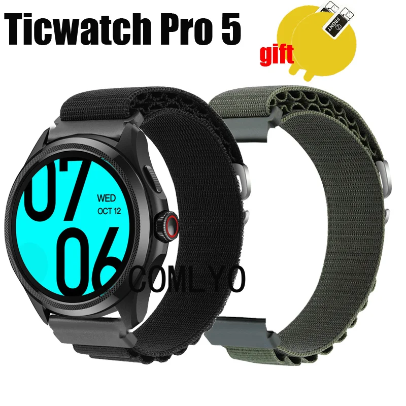 حزام من النايلون الناعم للرجال والنساء ، حزام سوار ، حزام ل TicWatch Pro 5 ، فيلم حامي الشاشة