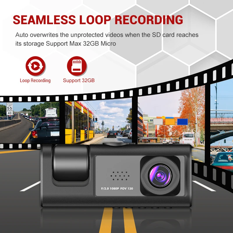 Dash cam a 3 canali per auto anteriore e posteriore all'interno, 1080P BlackBox IR Night Vision, registrazione in Loop Car DVR Camera schermo IPS da 2 pollici