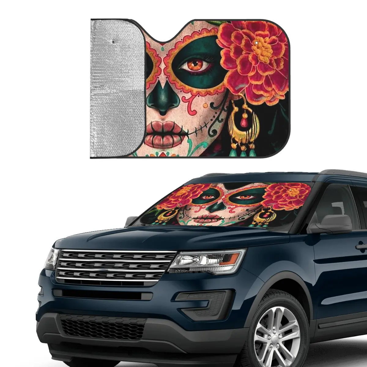 Sugar Skull Halloween Foldable Windshield Sunshade 70x130cm Mexican Aluminium Foil Car Sunshade Blinds