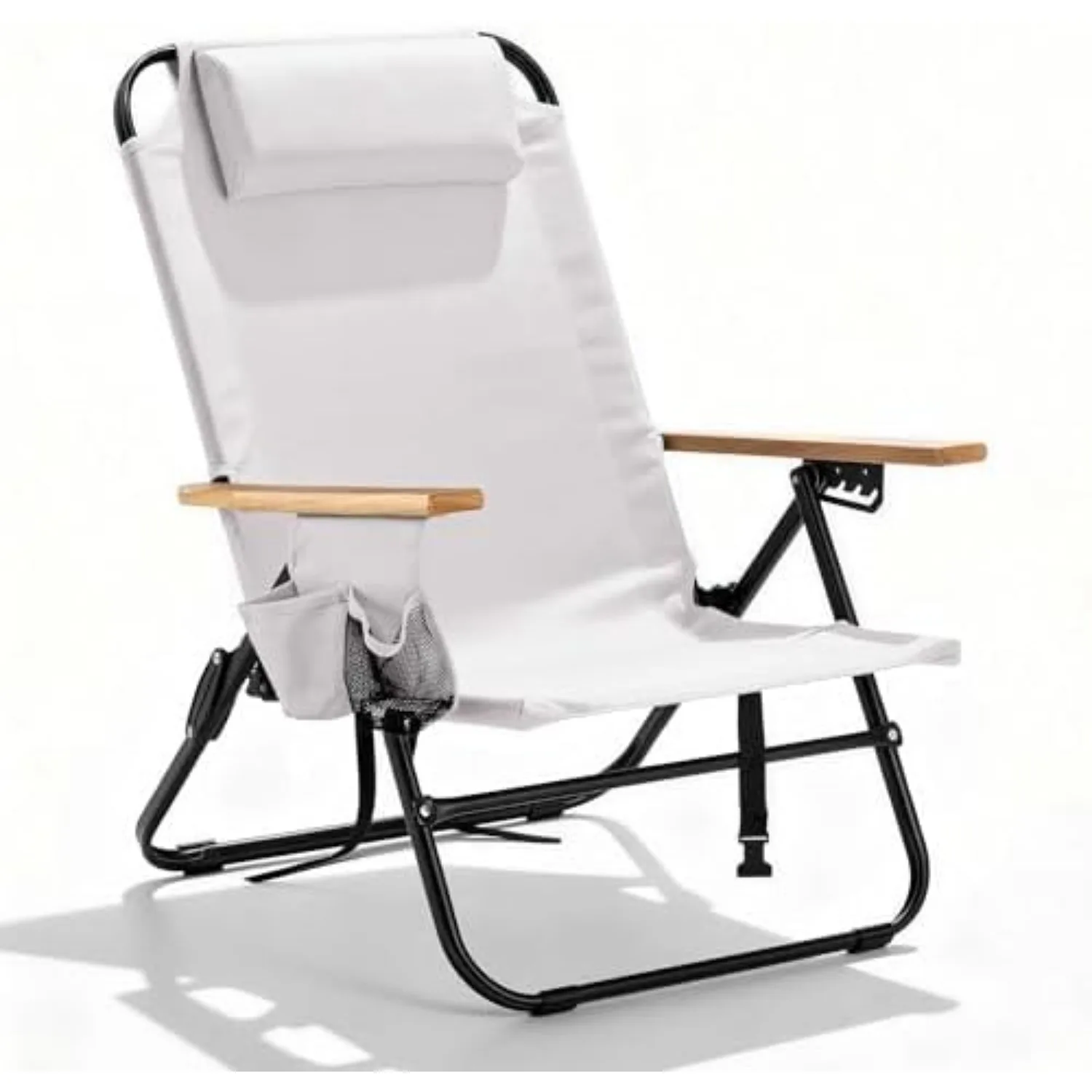 Premium Portable Camping Chair 5-Position Recliner Beach Folding Lightweight Outdoor Chair with Wooden Armrests