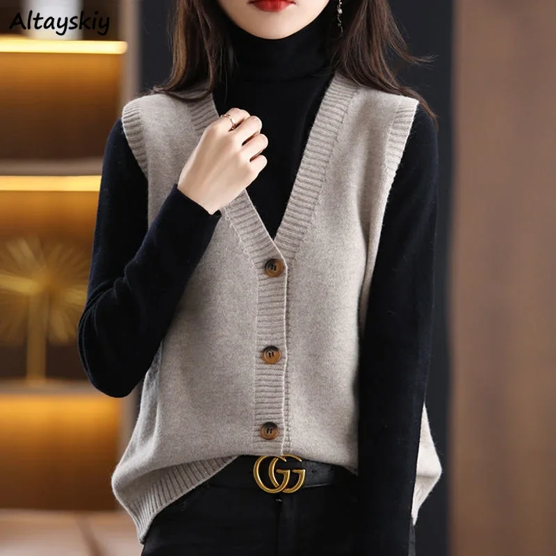 

Sweater Vests Women Pure Knitted Sleeveless Autumn V-neck Elegant Office Ladies Vintage Fashion Streetwear Korean Style Classic