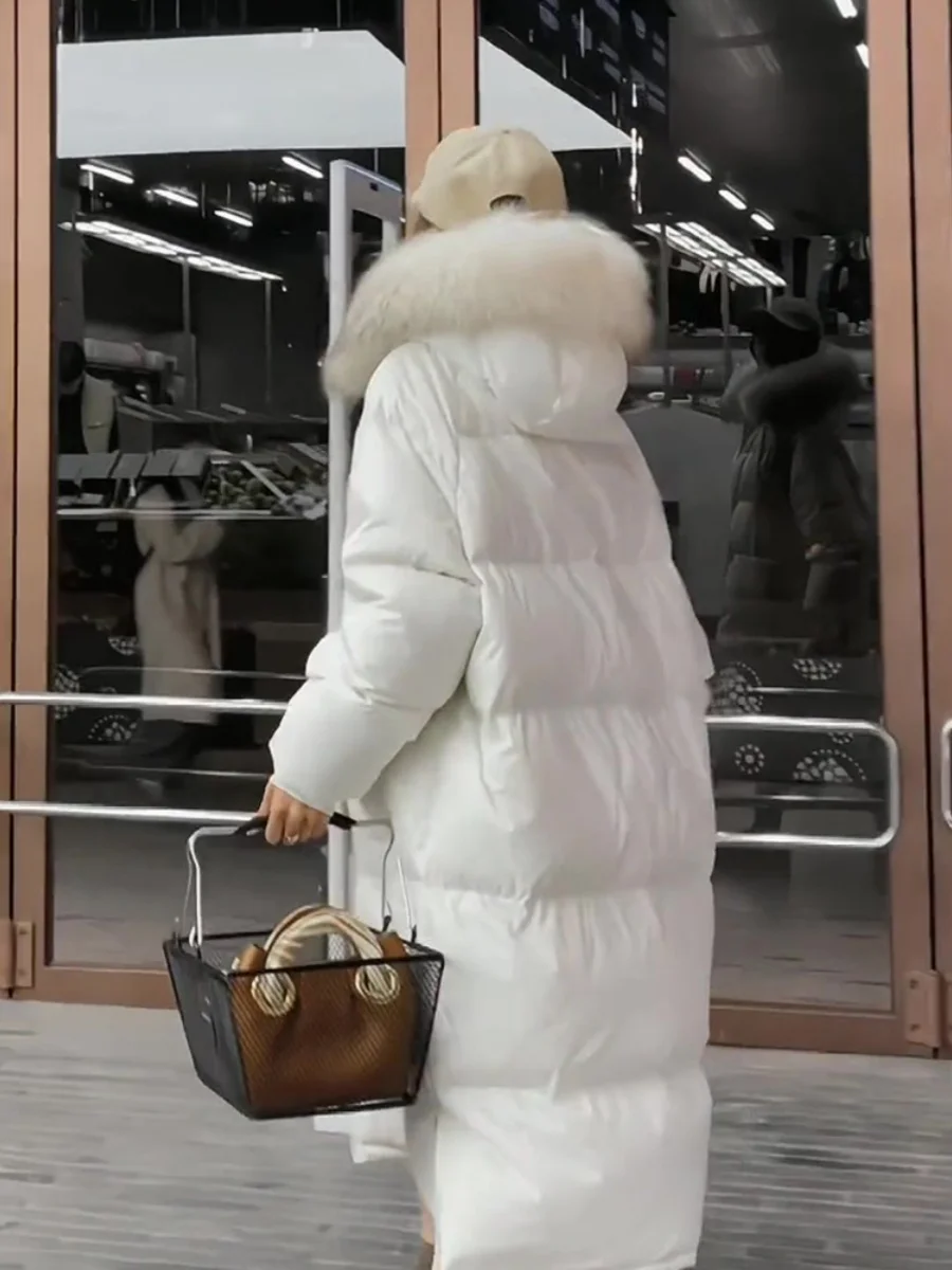 Light Luxury Large Fox Fur Collar Down Jacket Women Winter New Thickened Large Size Hooded Overcoat Loose Warm White Duck Coat