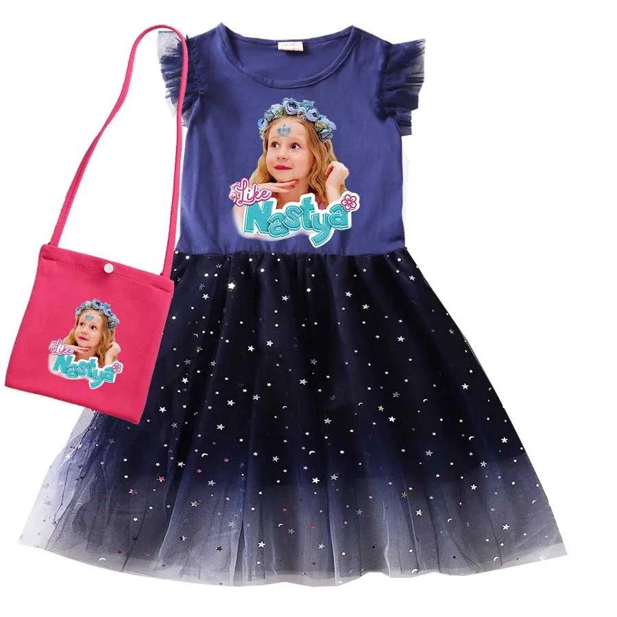 Russia Lovely Like Nastya Clothes Baby Girls Cartoon Casual Dresses Kids Fancy Party Princess Vestidos Children Dress Wreath Bag