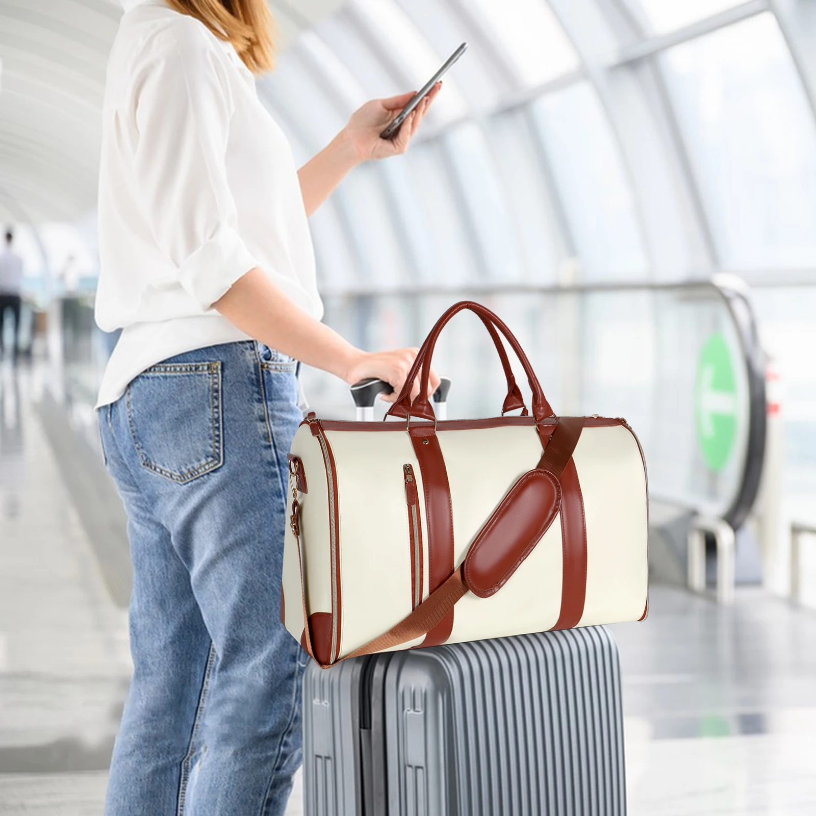 

Waterproof PU Leather Carry-On for Travel Duffle Bag Women's Travel Outdoor Convenient Bag Foldable Handbag with Free Shoe Bag