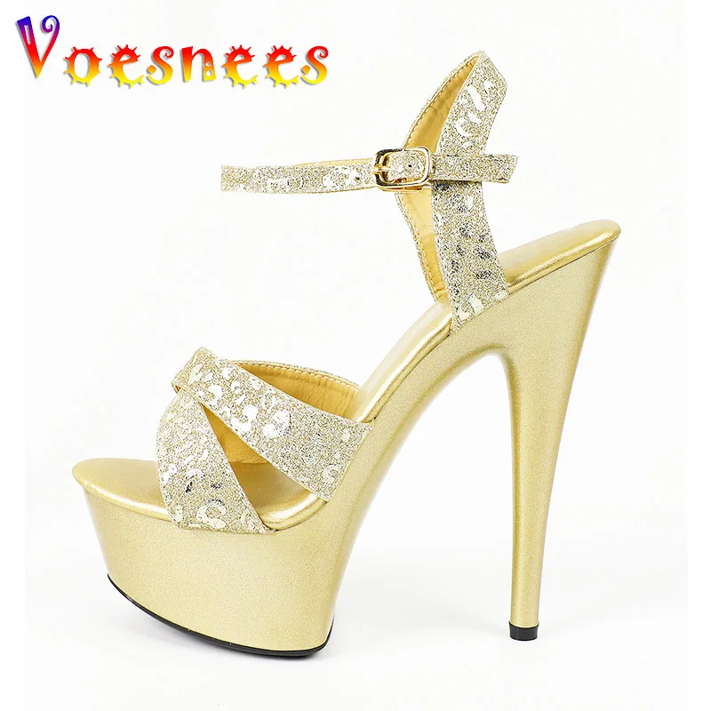 Gold Cross Strap Sexy High Heels Women\'s Bling Glitter Wedding Bridal Shoes Summer 15CM Party Sandals 5CM Waterproof Platform