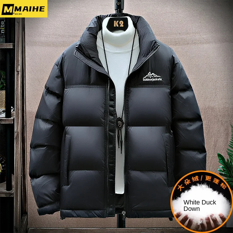 Chaqueta corta de plumón de pato para hombre, abrigo a prueba de viento, con cuello alto y costuras, color blanco cálido, moda coreana, invierno, 2023