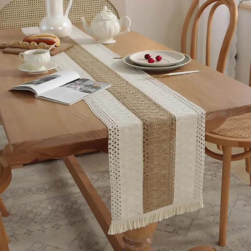 

Cotton Linen Patchwork Table Runner Tassel Woven Jacquard Table Flag Home Coffee Tea Table Decoration