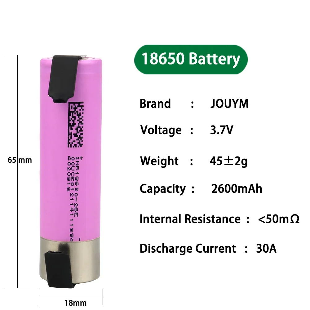 Аккумулятор JOUYM 18650, 2600 мАч, INR18650, 26E, 3,7 В, ток разряда 30 А, литий-ионная аккумуляторная батарея для шуруповерта