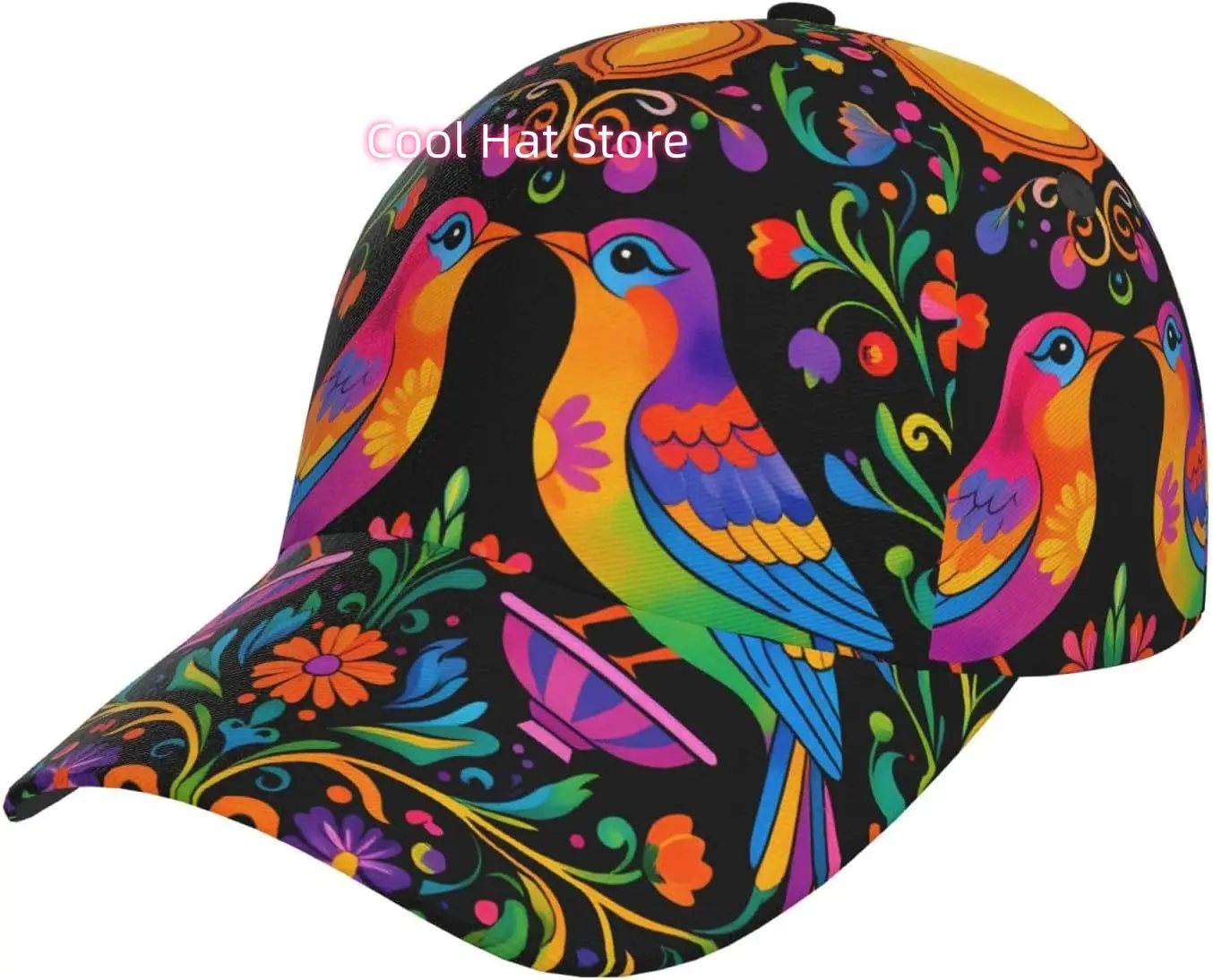 Bird Flower Sun Pattern Baseball Cap Adjustable Cotton Baseball Hat for Sports, Outdoor, Travel Gifts for Men Black