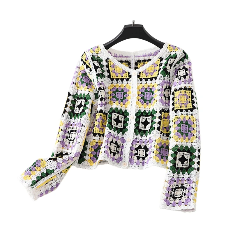 Women Beach Holiday Button Sweater Coat Crochet Knit Colorful Cardigan Outwear 10CF