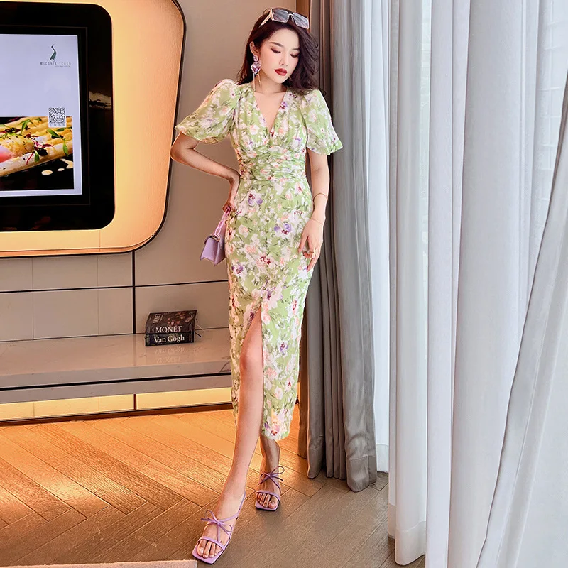 夏の新作レディース優しい風バブルスリーブグリーン花柄ワンピース初恋甘いロングスカート
