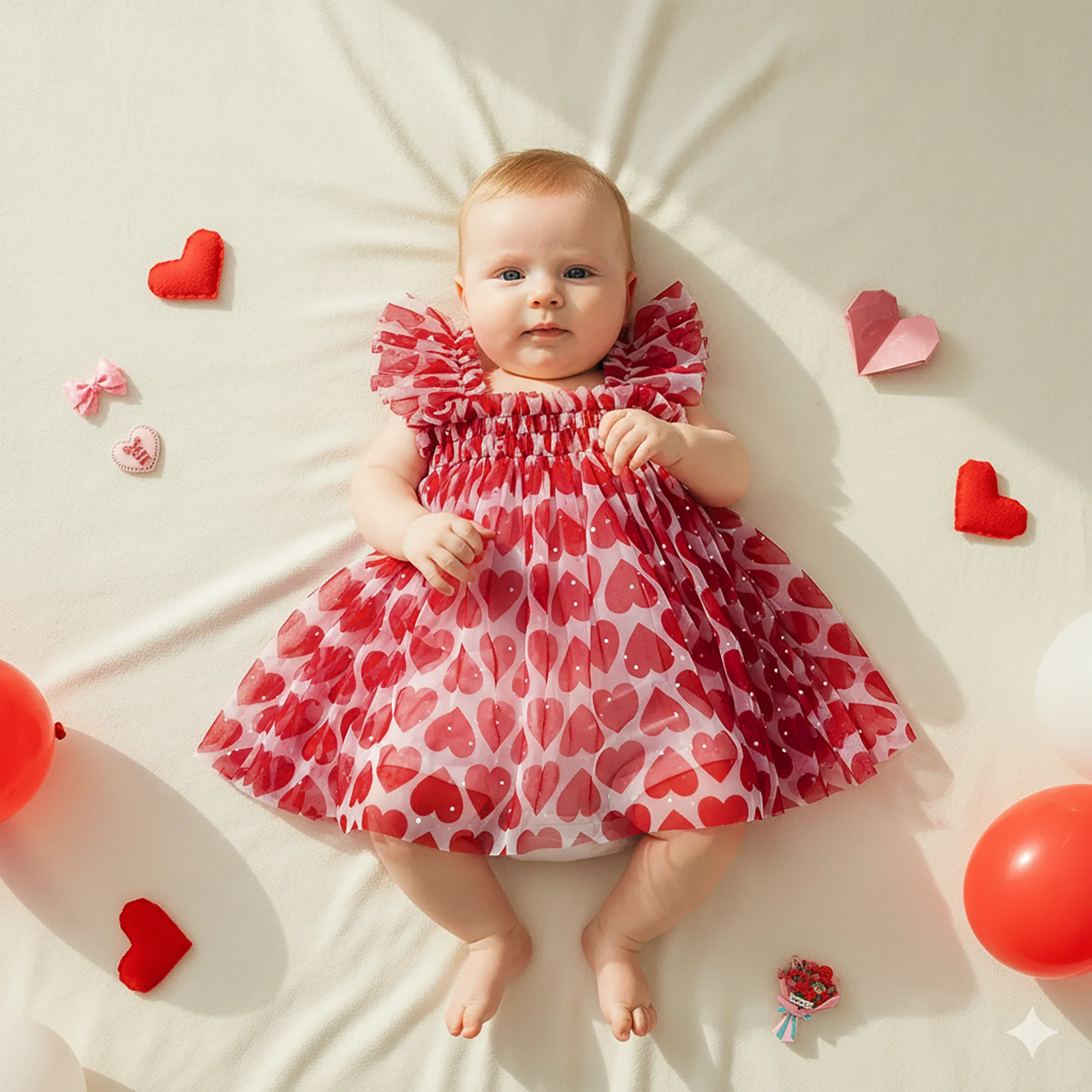 Toddler Girl Sleeveless Mesh Lace Dress with Ruffled Straps Red Heart Print Sequin Embellishments Suspender A Line Tulle Dress