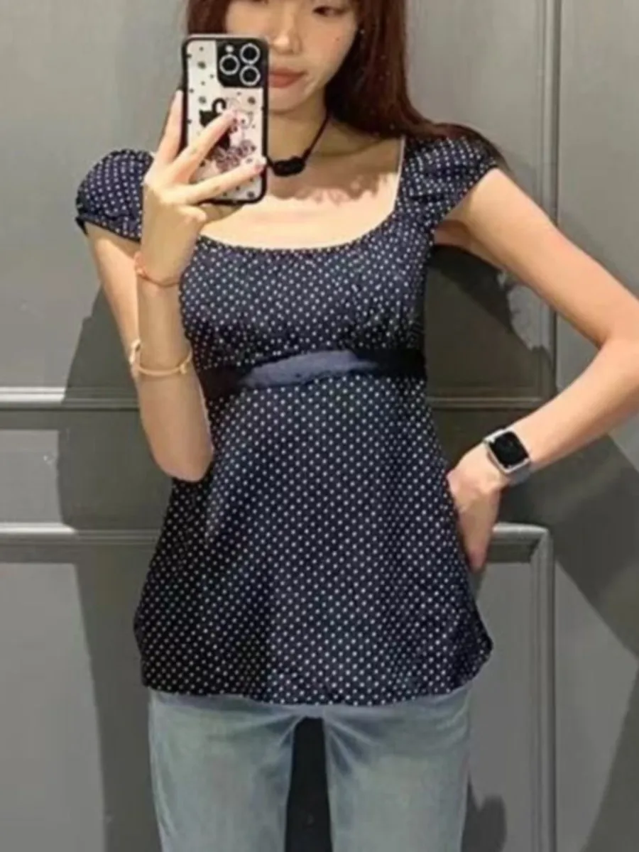 

Navy Polka Dot Lace-up T-shirts Women Summer New Casual Slim Square Collar Tee Tops Vintage Preppy Style Chic T-shirt Clothes