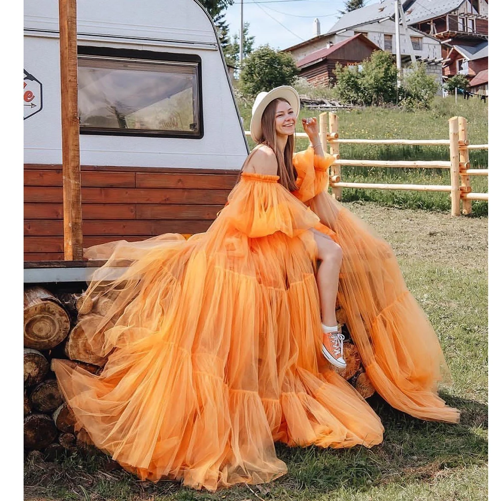 Kadisua Orange Puff Evening Dress for Women Organza Draped Floor Length Half Sleeve Split Special Event Vestidos Prom Gown 2024