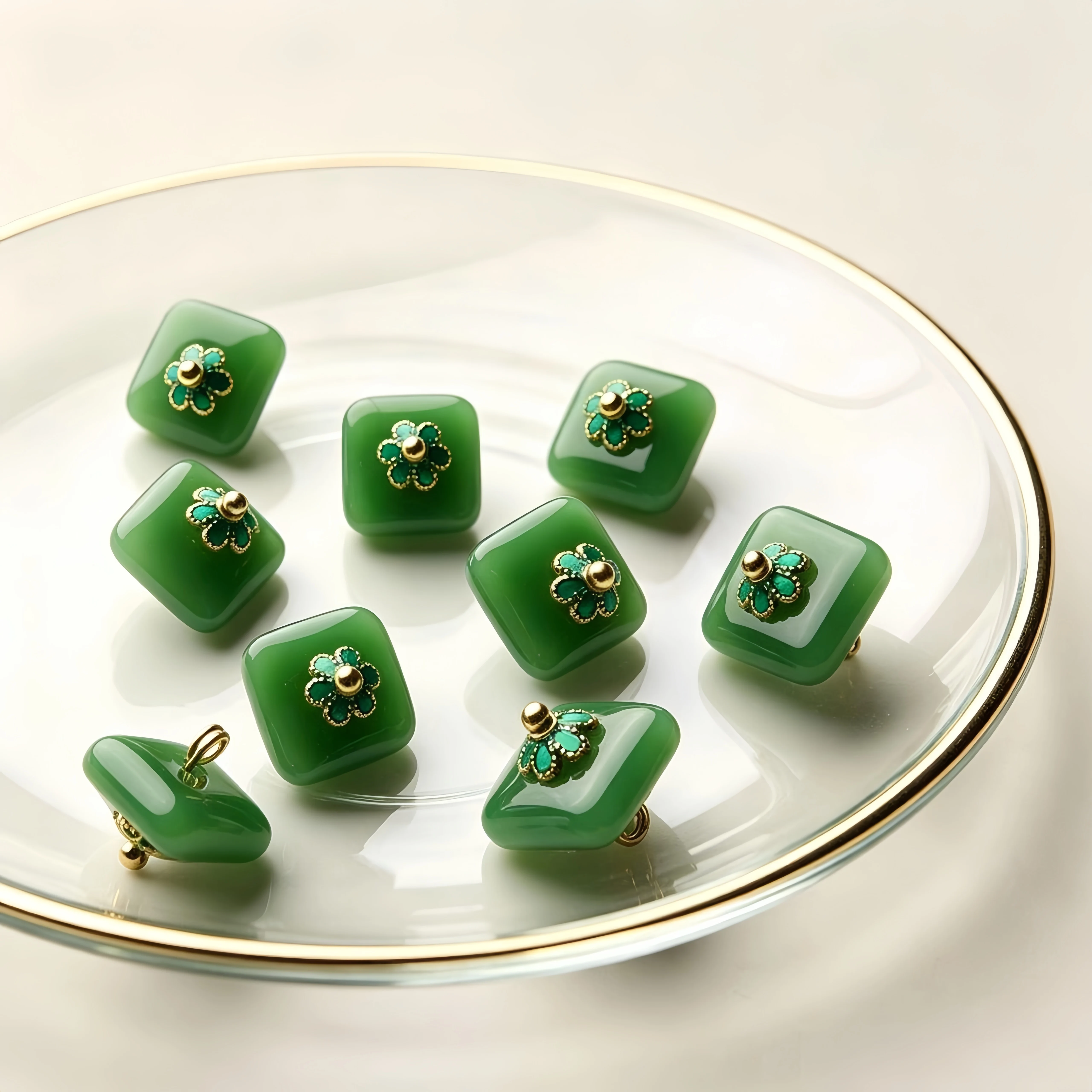 10-Pack 13mm Square Green Flower Shank Buttons - Faux Jade Resin Buttons for Shirts, Sweaters & Cheongsam
