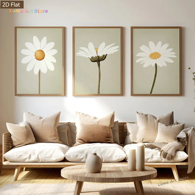 2D/Flat 3pcs Minimalist Fresh Daisy Wall Art, Nordic Style Wall Decor for Bedroom Headboard, Niche Art Mural for Living Room