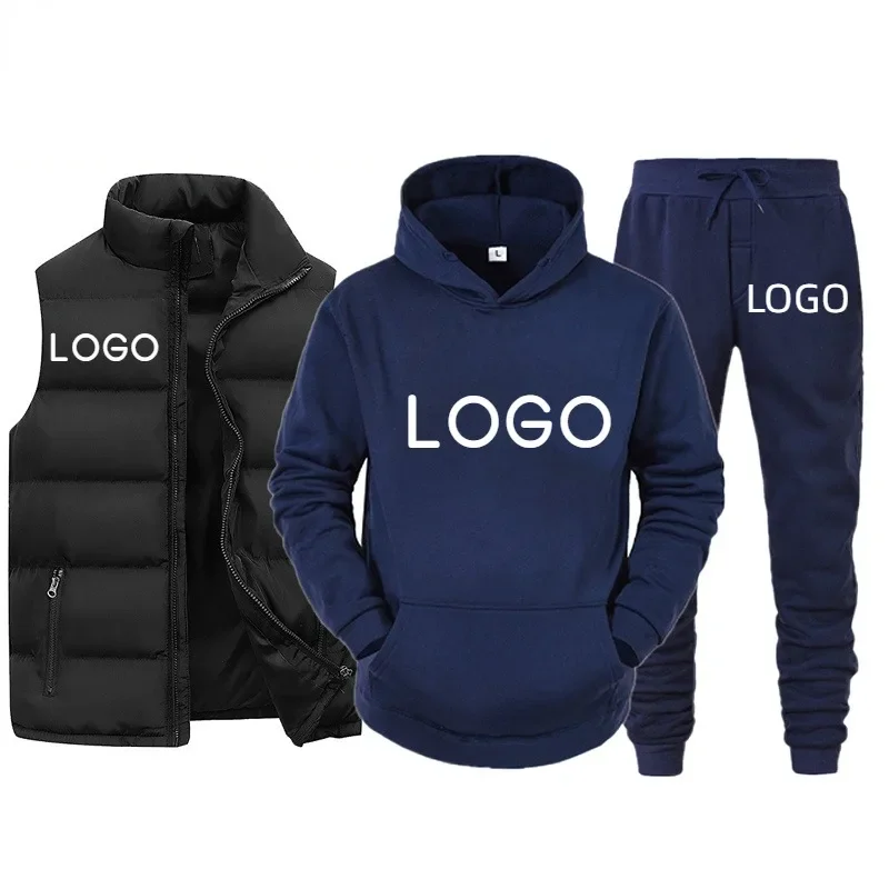 Benutzer definierte Logo Männer Trainings anzug Marke Weste Kapuze Sweatshirt Hose 3 Stück Set Frühling Herbst Mode Streetwear männliche Sportswear