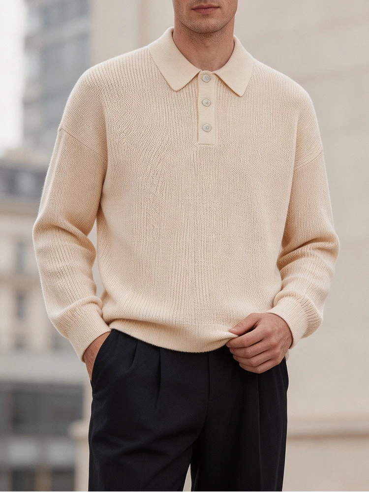2026 Fall Ribbed Knit Polo Shirts Mens Fashionable Solid Color Henley Collar Long Sleeve Pullover Men Vintage Knitting Tops