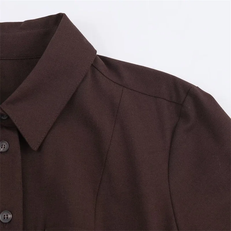 Abito lungo abbottonato con colletto e cintura, abito formale e quotidiano chic Abito camicia classico marrone a maniche lunghe