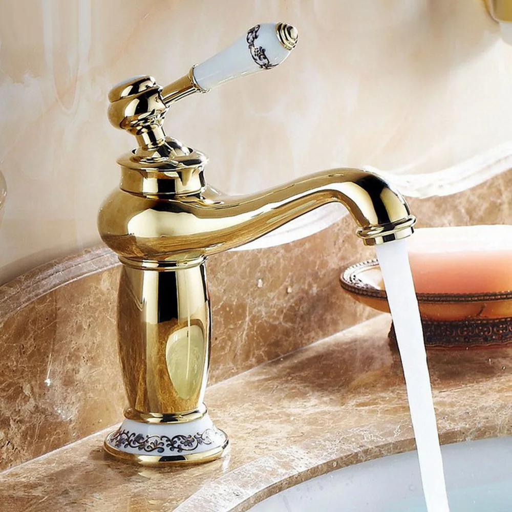 

Gold Brass Bathroom Basin Faucet Retro Style Vanity Sink Mixer Tap Deck Mounted Hot & Cold Water Mixer Tap Faucet Lnf501