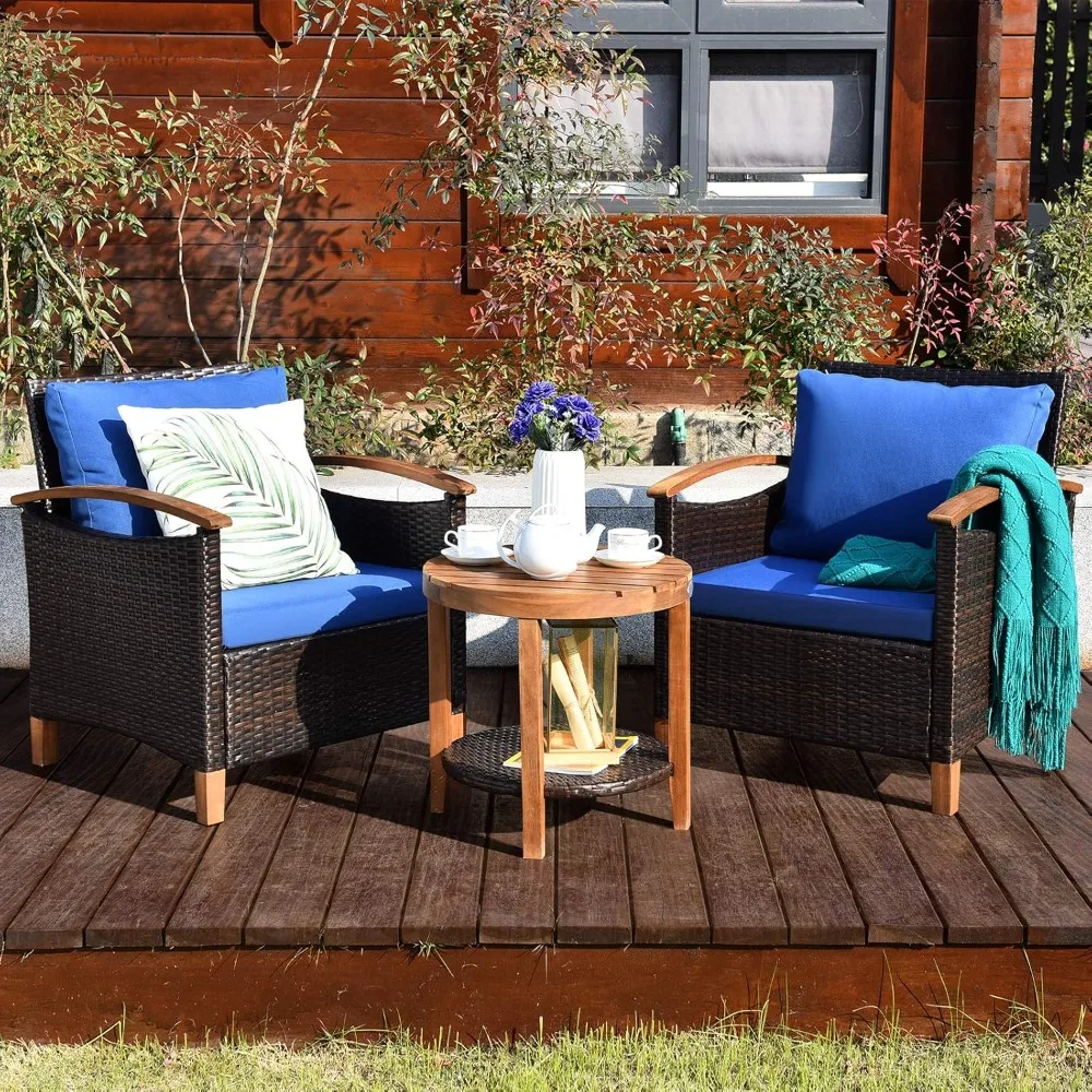 طقم أثاث للفناء مكون من 3 قطع، وأريكة الروطان الخارجية وطاولة جانبية مع إطار من خشب السنط الصلب، ومثبت محادثة عالي التحمل