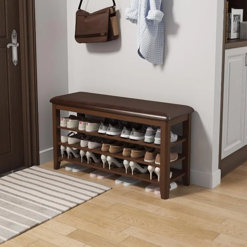 home.Shoe Bench with Leather Cushion, 3 Tiers Shoe Storage Bench Height Adjustable, Mudroom