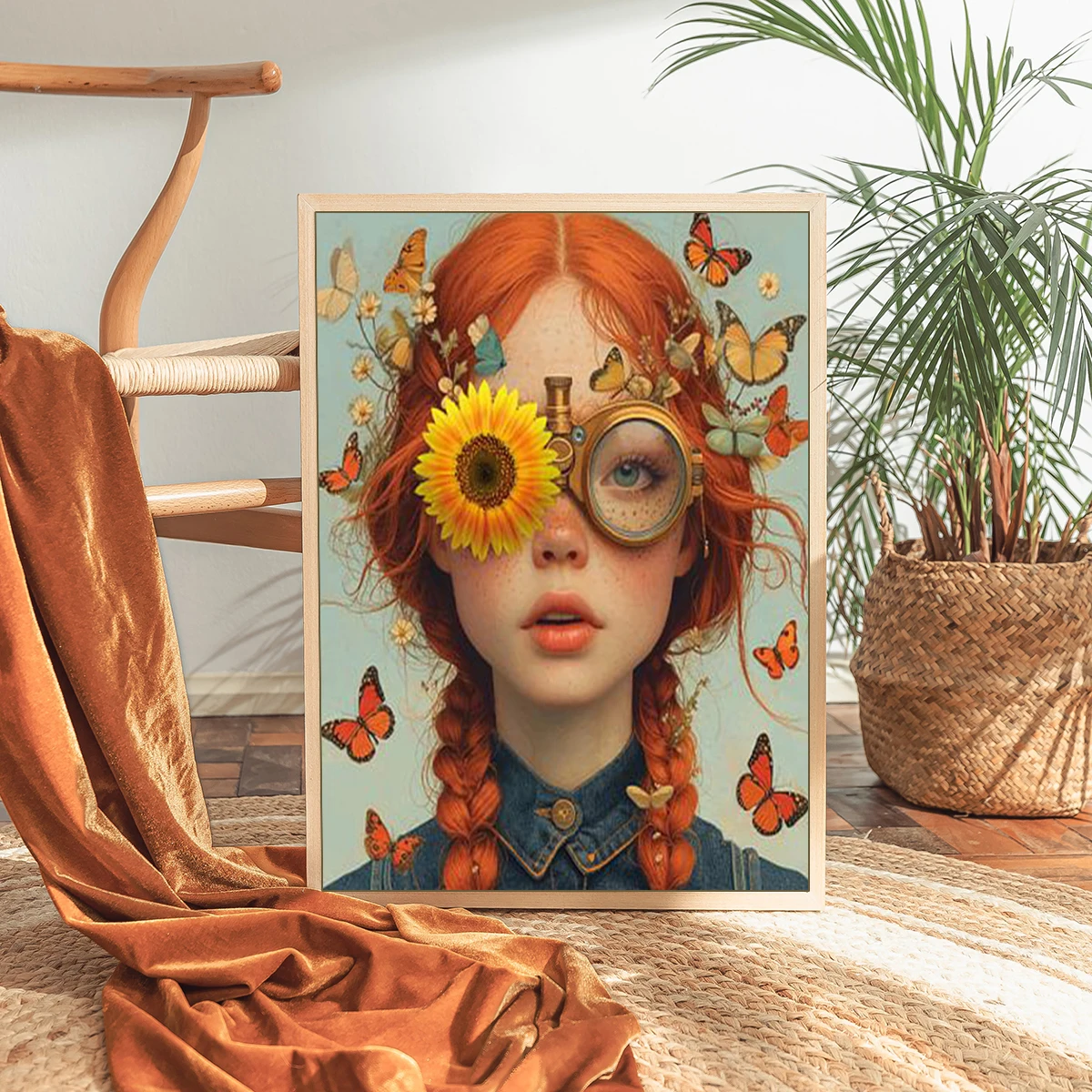 Beautiful woman with eyes and flower head print female portrait art feminism art painting portrait with flowers art print canvas