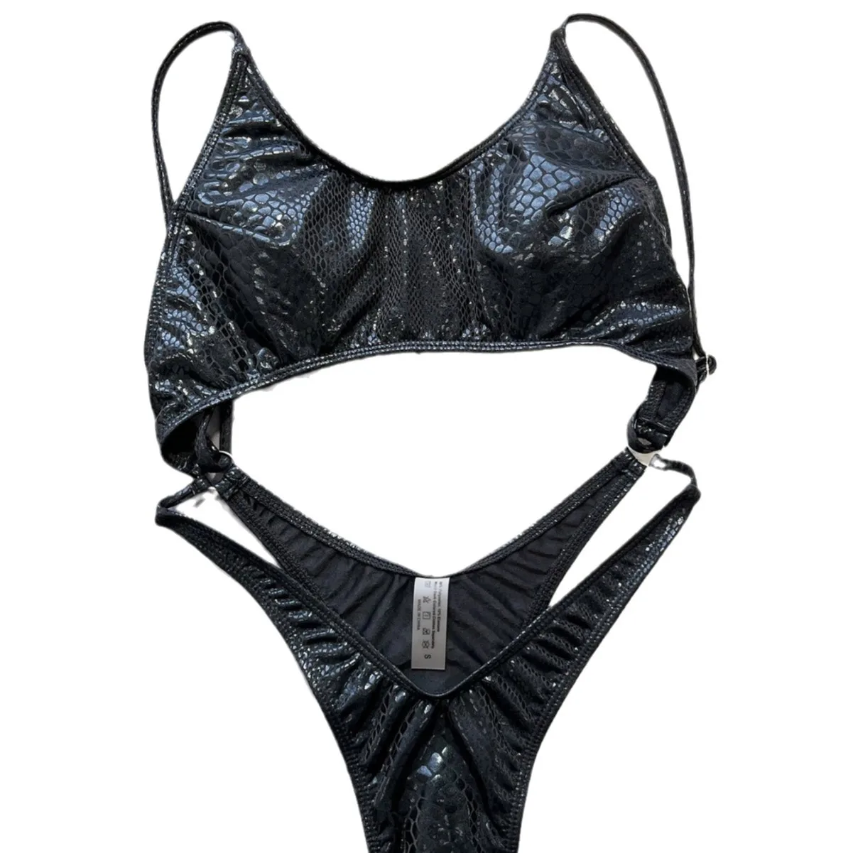 Wild Animal Print Faux Leather High Cut One Piece Swimwear With Cut Out Accent For Poolside And Resort Outings