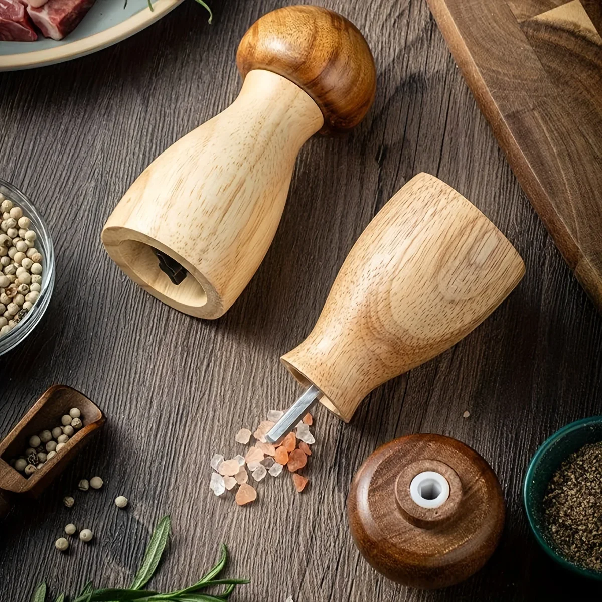 Pepper Grinder Wooden Mushroom Shaped Spice Mill Household Manual Salt and Pepper Grinder Set Dustproof Kitchen Utensils