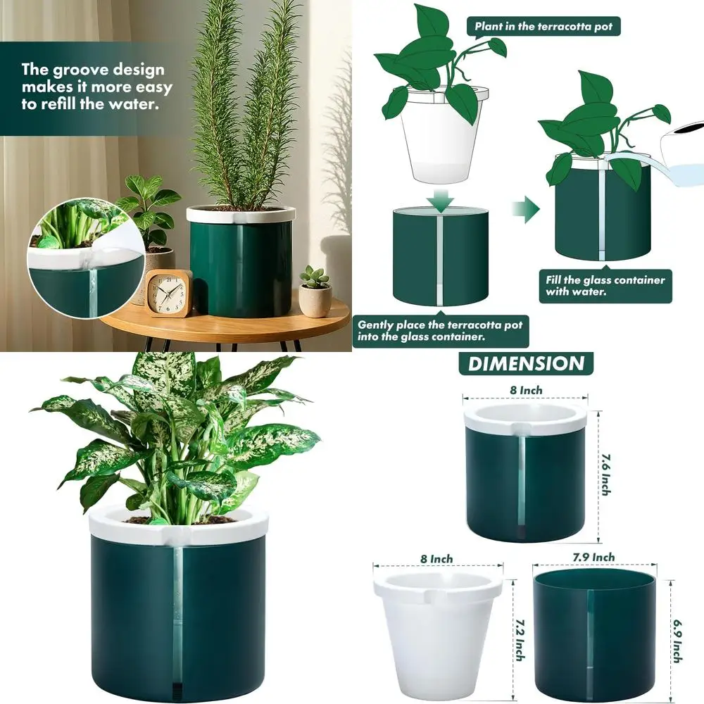 

8 Inch White Terracotta Planter with Teal Glass Cylinder for Indoor Plants