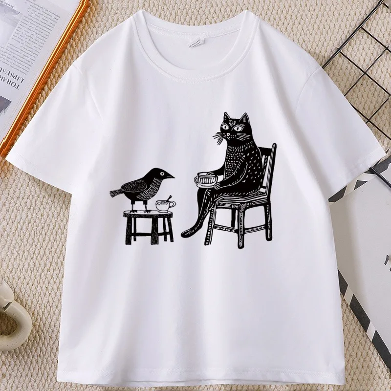 Kaffee und Tee mit Freunden Grafik-T-Shirt für Männer und Frauen, lustiges Hipster-T-Shirt mit Tierzeichnung, einzigartiges Katzen-Vogel-T-Shirt, Streetwear – Detail 5