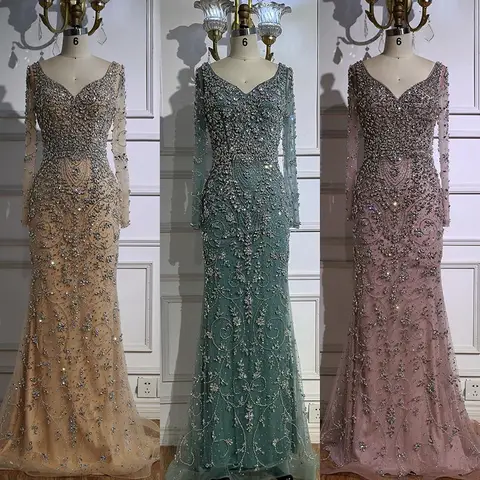 सेरेन हिल फ़िरोज़ा वी-गर्दन लंबी आस्तीन मरमेड मनके शाम के कपड़े 2025 लक्जरी पार्टी गाउन महिलाओं के लिए DLA73042 अनुकूलित 10 best sales शांत पहाड़ी पोशाक - №1