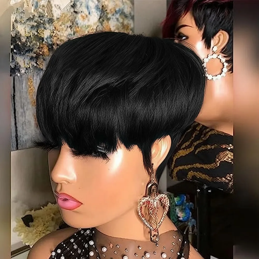 

Парик из натуральных волос для женщин, 150% плотность, короткая прямая стрижка пикси, 6 дюймов, волосы Реми, машинная работа, цвет черный/1B30